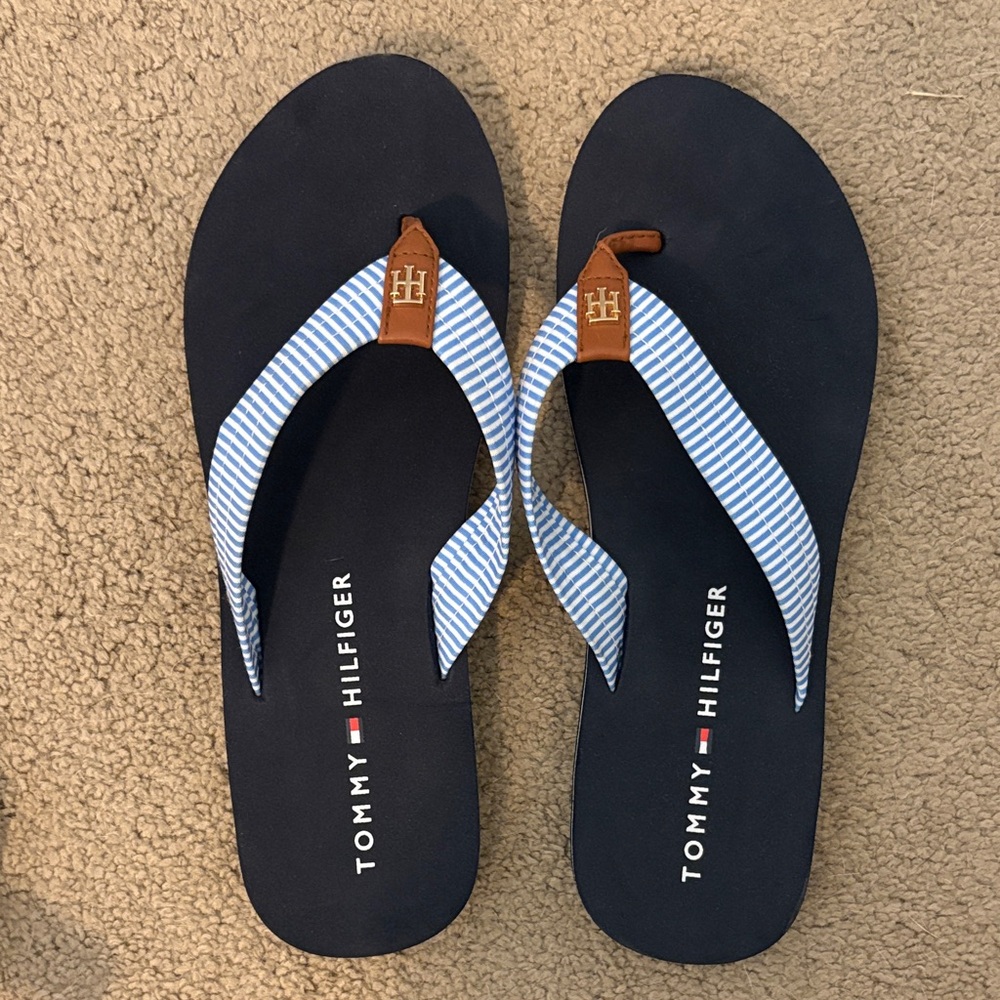 Tommy Hilfiger Men's Striped Blue and Brown Flip Flops
